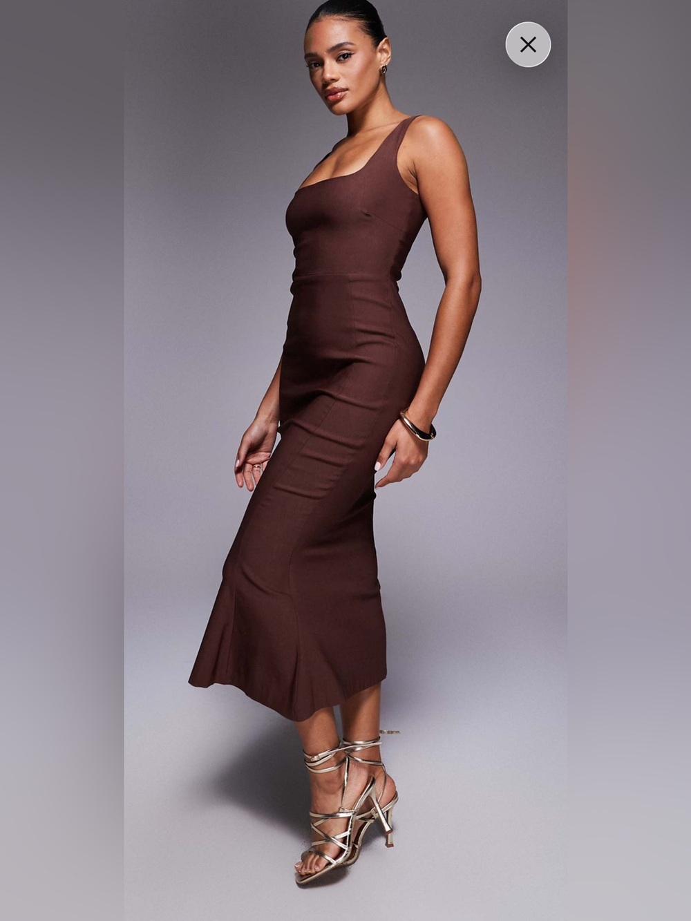 Brown Square-Neck Midi Dress